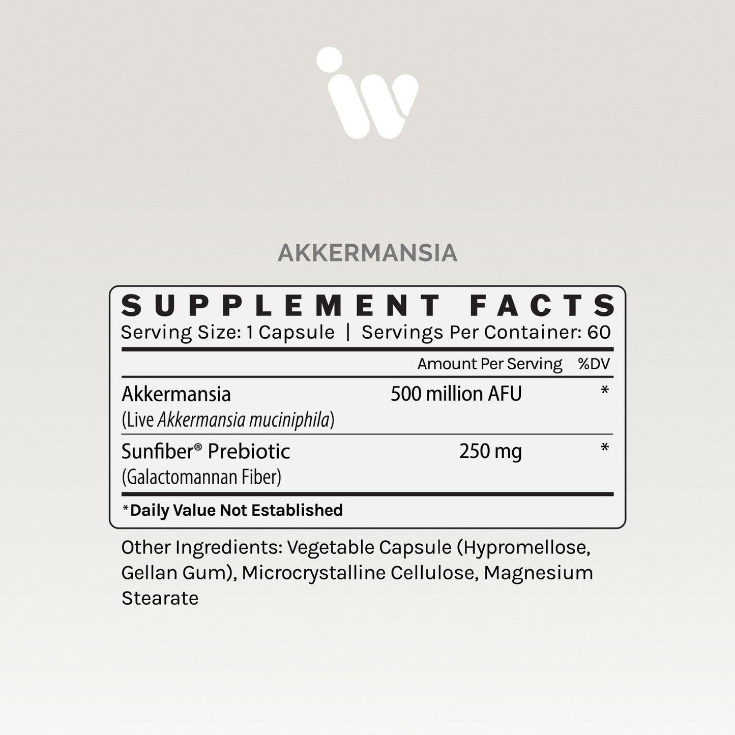 Supplement facts panel showing Akkermansia muciniphila count and other ingredients.