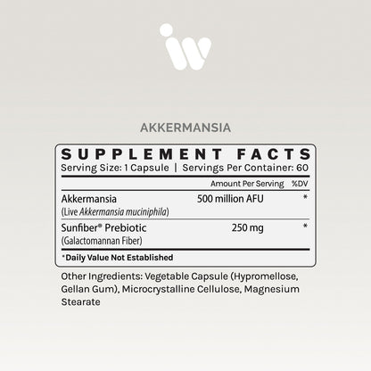 Supplement facts panel showing Akkermansia muciniphila count and other ingredients.
