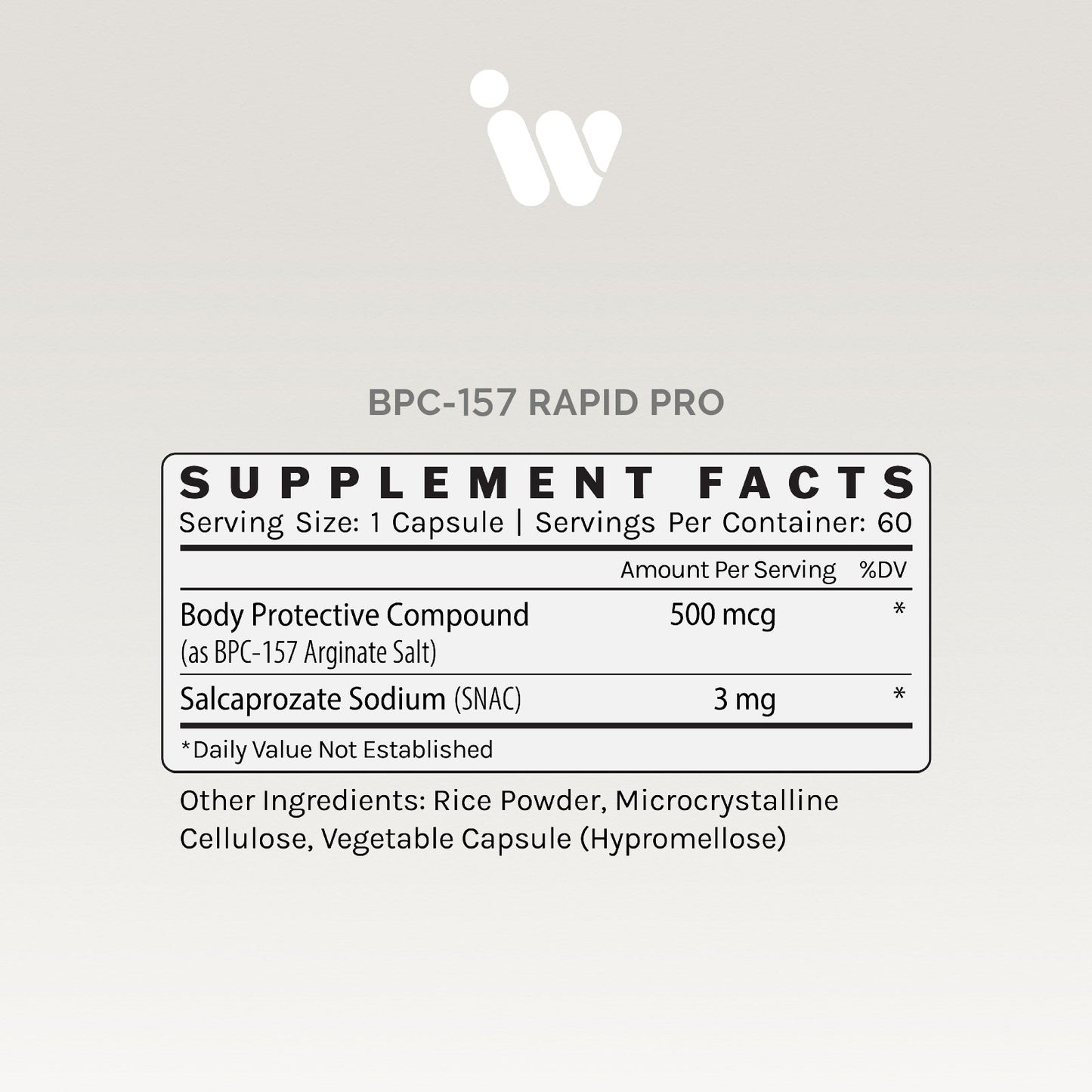 Supplement facts panel showing 500mcg per serving of BPC-157 and other ingredients.
