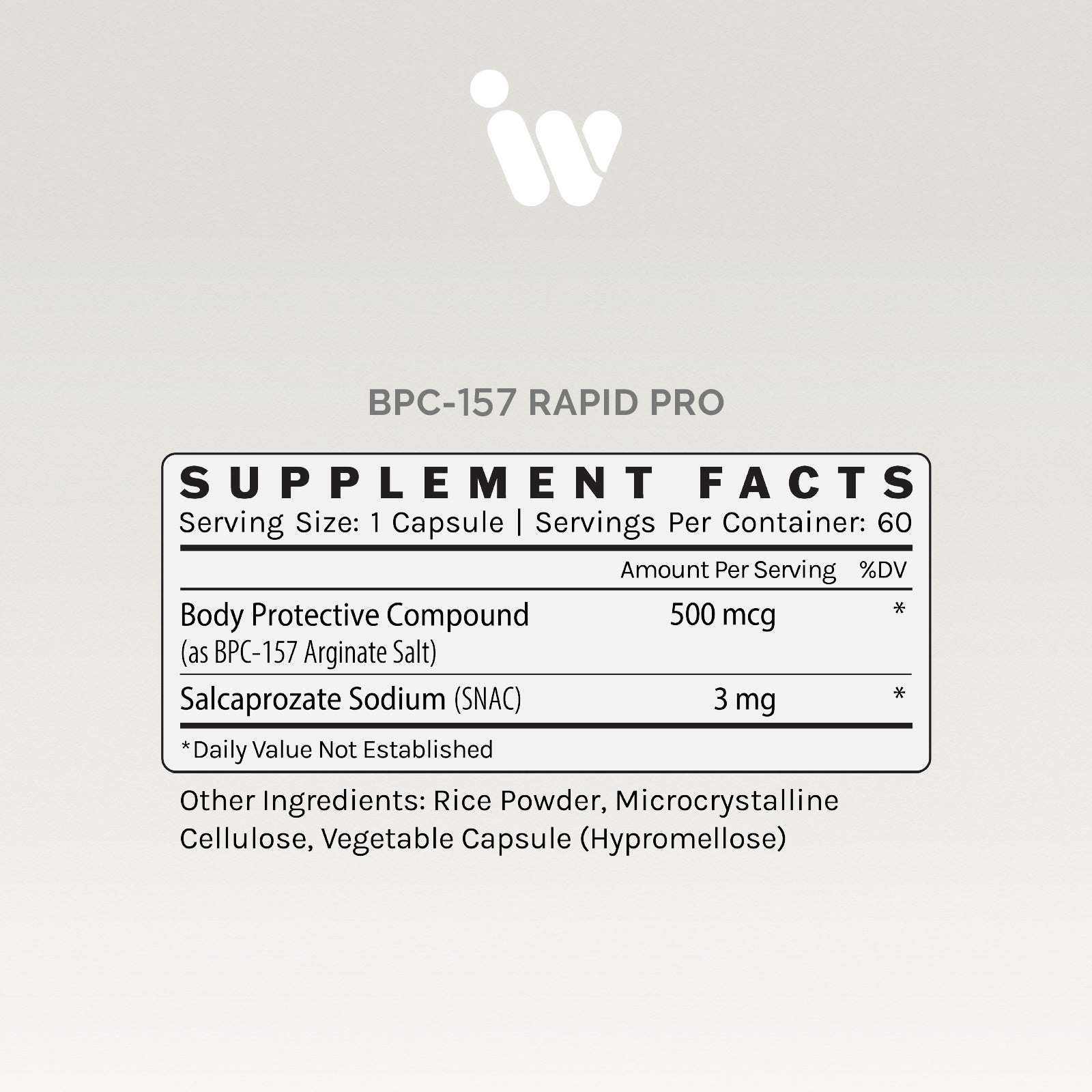 Supplement facts panel showing 500mcg per serving of BPC-157 and other ingredients.
