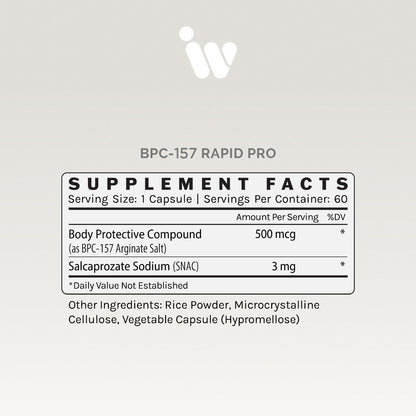Supplement facts panel showing 500mcg per serving of BPC-157 and other ingredients.
