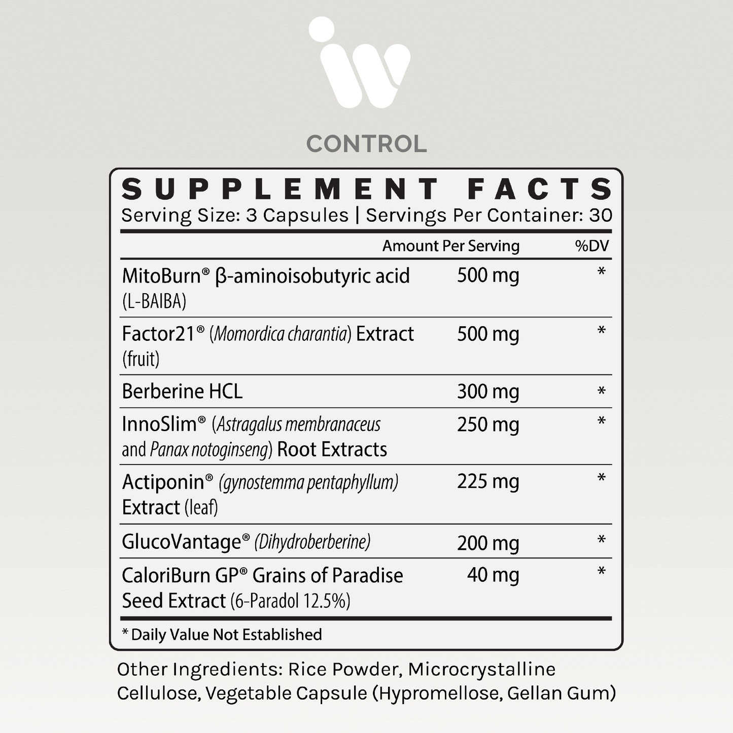 Supplement facts panel listing ingredients, dosages, and daily values.
