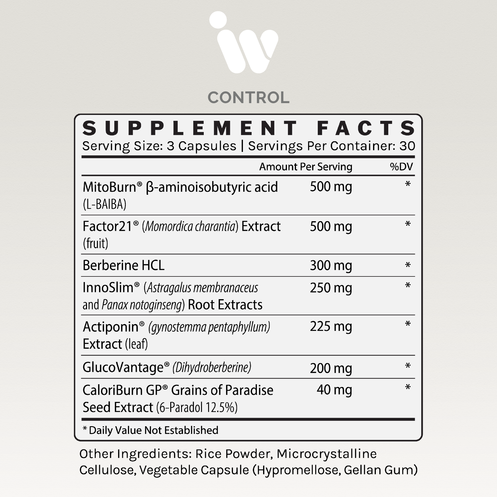 Supplement facts panel listing ingredients, dosages, and daily values.
