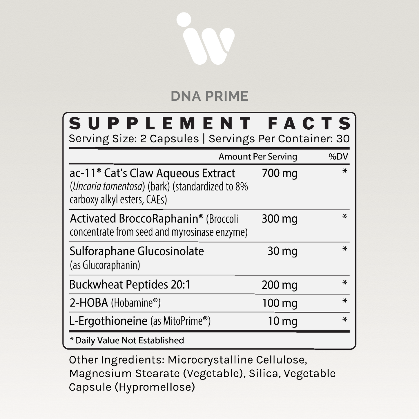 Supplement facts panel listing detailed ingredient amounts per serving, including Cat's Claw extract and Broccoli concentrate.
